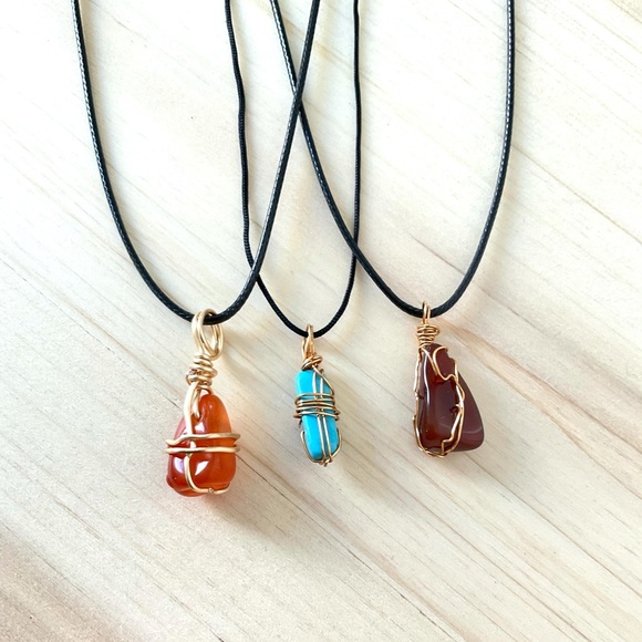 Wire wrap stone carnelian turquoise agate crystal cord necklace handmade boho - Picture 2 of 10